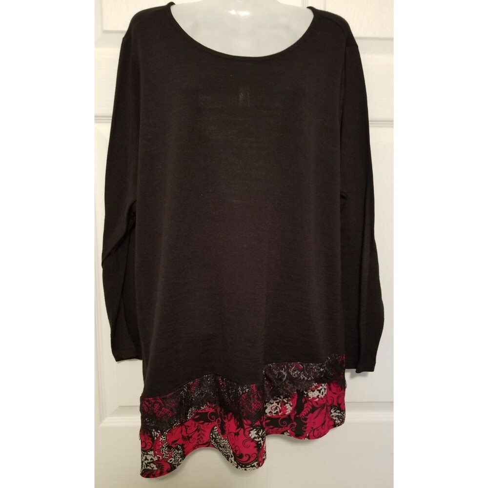 CJ Banks Women's Knit Tunic Top Black Lace & Paisley Hemline Accent Size 1X